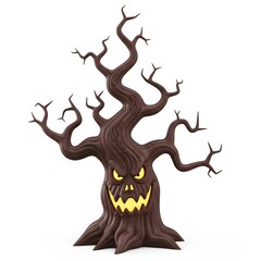 3D Spooky Haunted Tree with Evil Face — Halloween Demon Forest or Scary Cartoon Decoration