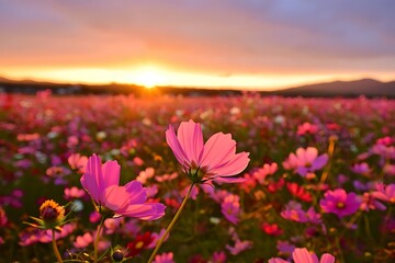Obraz premium Vibrant pink cosmos flowers bloom in golden sunset light