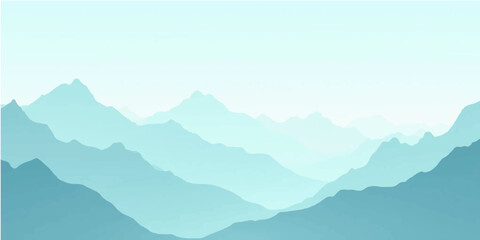 Misty mountain landscape with hills, forest, and clouds at sunrise or sunset