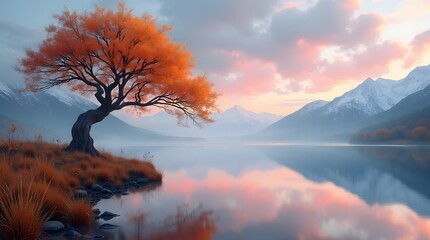 Beautiful morning sunrise over a calm lake with reflections of trees and clouds in the blue sky