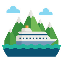 Cruise ship in the sea green mountain with cloud nature landscape vector on white background.