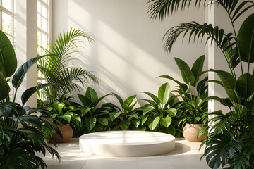 Fototapeta premium White podium surrounded by lush green tropical plants