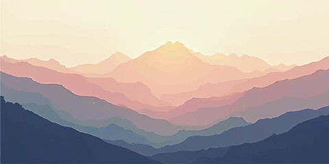 Morning foggy mountain landscape with sunrise over misty hills and forest view