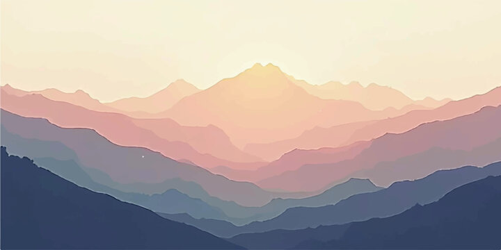 Morning foggy mountain landscape with sunrise over misty hills and forest view