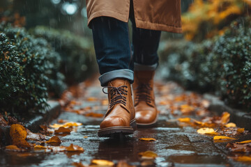 Person walking in rain wearing brown boots.