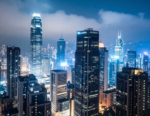 Obraz premium Hong Kong's stunning skyline illuminated at night creating a mesmerizing urban view