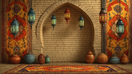 Ornate room with brick archway, carpets, vases, and lanterns, creating a cozy scene