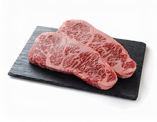 Two Raw Striploin Steaks on a Black Slate Platter Ready for Cooking Gourmet Meal