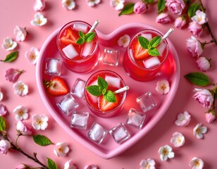 Heartshaped Strawberry Drinks with Cherry Blossoms