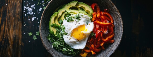 Bowl of avocado, roasted peppers, and egg on dark wooden table with shadow. Healthy breakfast concept. banner 