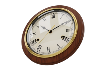 Classic round wooden wall clock with roman numerals isolated on white