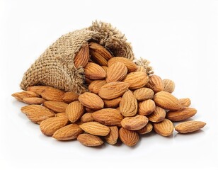 A burlap sack overflowing with a pile of delicious almonds perfect for healthy snacking or culinary uses