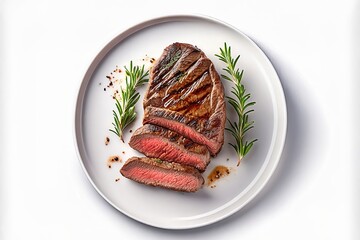 Delicious Grilled Steak Slices with Rosemary on a White Plate Top View