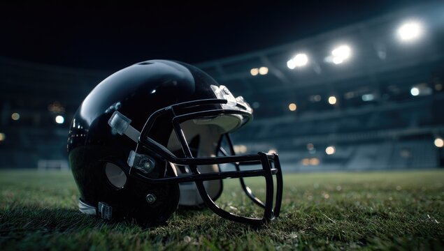 Black football helmet on a grassy field at night, stadium lights in the background