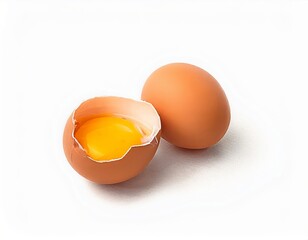 Fresh Brown Eggs One Cracked Showing Yolk Isolated on White Background