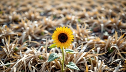 Lone Sunflower Dry Grass Field