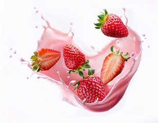 Fresh Strawberries Splashing in Creamy Pink Milk Delicious Summer Drink