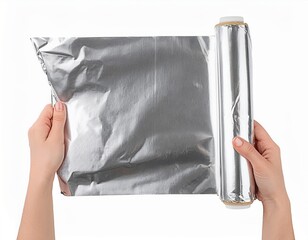 Hands Unrolling Aluminum Foil Sheet from a Roll Kitchen Cooking Baking Supplies