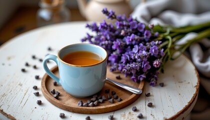 Cozy Rustic Table with Tea and Lavender Blooms