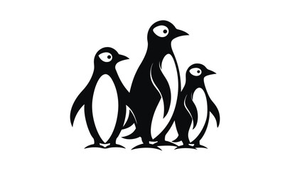 Three stylized black and white penguins standing together as a family