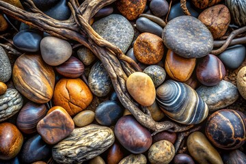 Natural arrangement of smooth river stones and twigs creates a textured mosaic