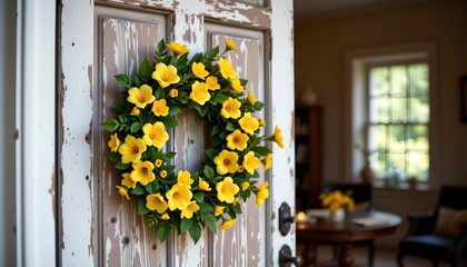 Vintage Yellow Flower Wreath Rustic Door