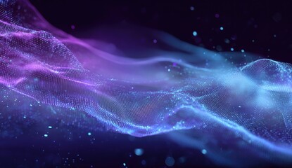 Abstract swirling, vibrant purple and blue particle field on dark background