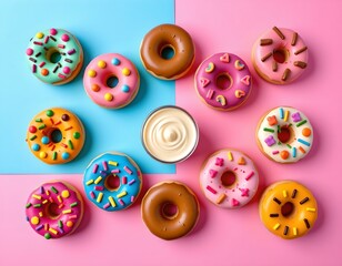 Colorful Doughnuts with Toppings Vibrant Background