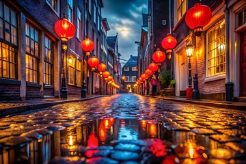 Rainy amsterdam street illuminated by red lanterns reflecting on wet cobblestones