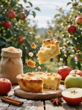 Freshly Baked Apple Pie with a Slice in Mid-Air, Surrounded by Apples and Cinnamon Sticks in an Orchard Setting