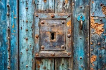 Rustic wooden door with antique keyhole and rusty hardware
