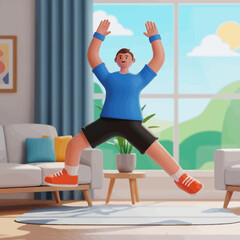 Fototapeta premium Cartoon character in vibrant clothing doing a jumping exercise in a home interior.