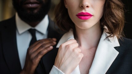 A man in a suit stands close to a woman. The atmosphere suggests tension and discomfort related to harassment