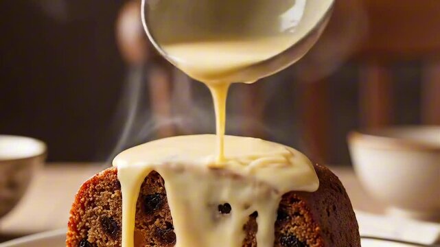 Pouring warm, creamy custard from a ladle over a steaming hot pudding.
