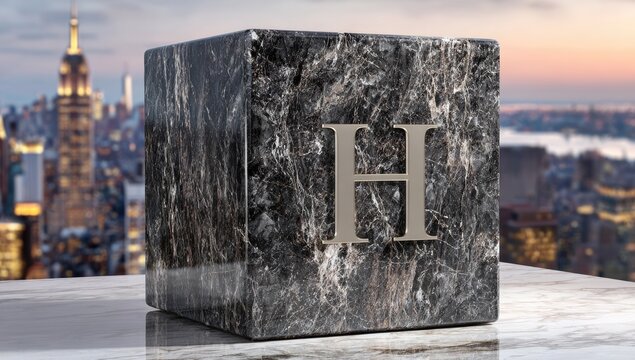 Large dark stone cube, letter H
