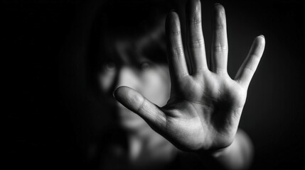 A person stands defiantly in a dark environment, raising their hand to signal a boundary while conveying a powerful message against harassment. The focus is on their determined expression