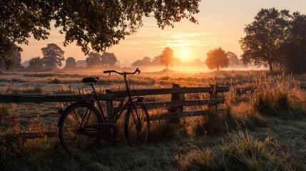 Bicycle leaned on a fence in a golden field at sunrise with distant trees and mist