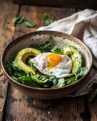 rustic ceramic bowl with avocado slices, poached egg and fresh spinach leaves on wooden background with  linen napkin. Healthy breakfast concert. 