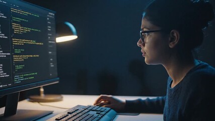 Focused Young Woman Coding on Computer at Night with Soft Ambient Lighting in Workspace - Powered by Adobe