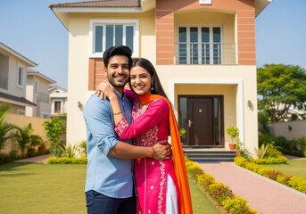 indian young couple hugging joyfully in front of their newly purchased dream home in india