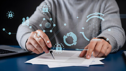 Person signing document with digital security overlay and laptop nearby