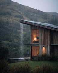 Contemporary off-grid home with a turf roof nestled in lush green hills during heavy rain. sustainability, water harvesting, energy efficiency