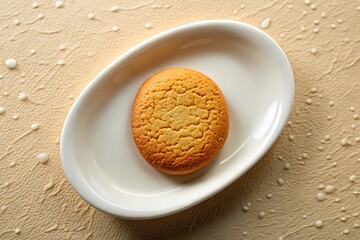 Single golden biscuit on an oval white plate with textured background