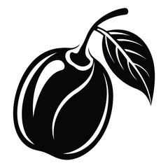 Black and White Graphic Illustration of a Plum Fruit with Leaf Detail