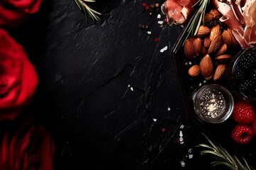 Charcuterie board on black slate; top space available for luxury food caption or message