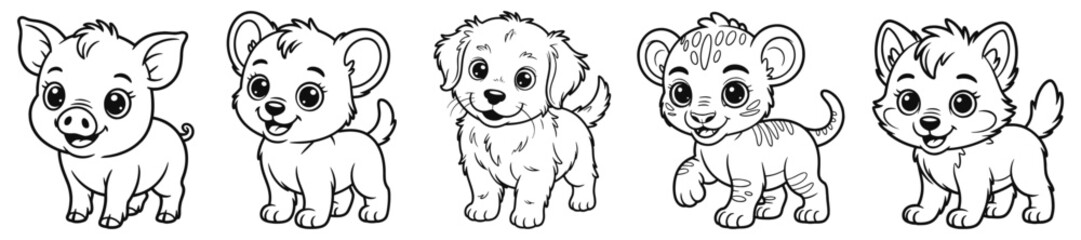 Obraz premium Baby Farm and Wild Animal Coloring Pages. Pig, Bear, Dog, Lion, Wolf,