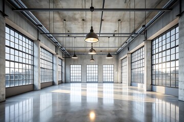Spacious industrial loft with large windows and polished concrete floors