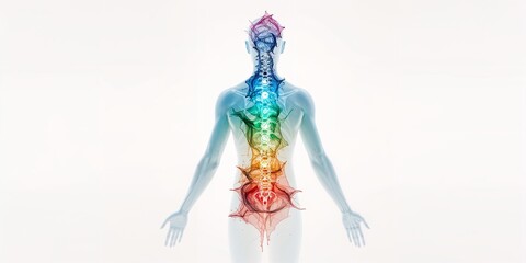 Human body with visible spine and colorful chakra points