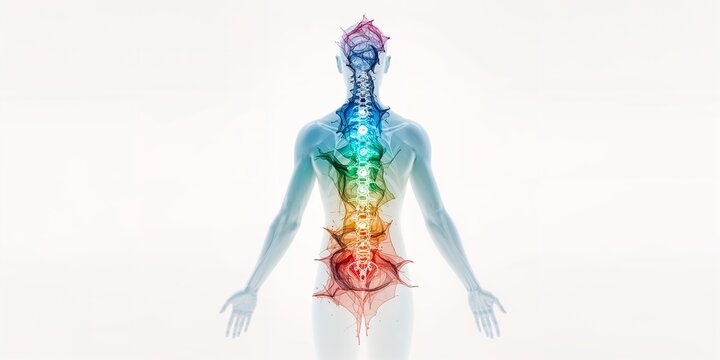 Human body with visible spine and colorful chakra points