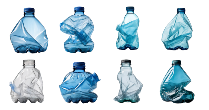 Crumpled and Flattened Plastic Bottles in Various Positions, Bundle Set Collection, Isolated on Transparent Background